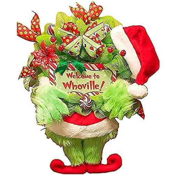 Goocheer Grinch Noël Drôle la Couronne de Toile de Jute, Décorations de Noël Créatives Porte d'Entrée,