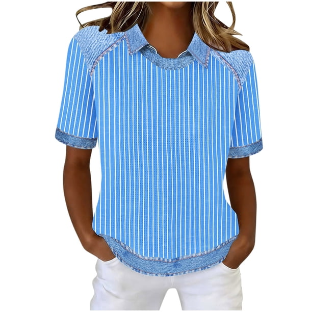 Tops de Manga Corta para las Mujeres Camiseta Suelta de Primavera Y Verano con Solapa Casual