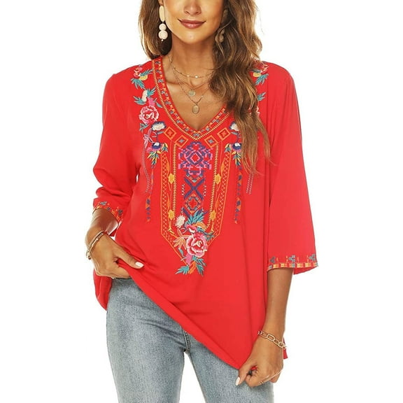 Women's Summer Boho Embroidery Mexican Bohemian Tops V Neck 3/4 Sleeve Causal Loose Shirt Blouse Tunic