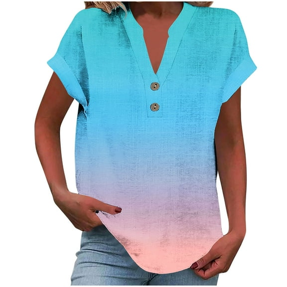 Womens Cotton Linen Blouse Gradient Tops Short Sleeve Tee Shirt Button Down V-Neck Blouses Classic Henley Tshirt Textured Top Loose Fit Summer Tees With Rolled Cuff