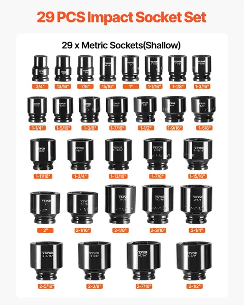 3/4 Inch Drive 29 Piece Impact Socket Set SAE 6 Point Sockets 2-1/2 Inch Storage Cage CR-M0 Rugged Construction