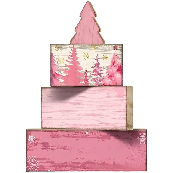 Christmas Tiered Tray Decor, 4 Pcs Wooden Christmas Decoration Set, Decorative Wooden Block Stack with Tree Topper, Pink Holiday Table Decor for Mantel, Shelf, Centerpiece
