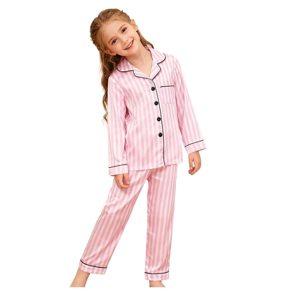 Girls Long Sleeve Pajama Set - 2-Piece Striped Button Down Top & Pants, Cozy Stretch Nylon Spandex, Pink and White, Sizes 8-9 9-10 10-11 11-12 Years,Size 9-10 T
