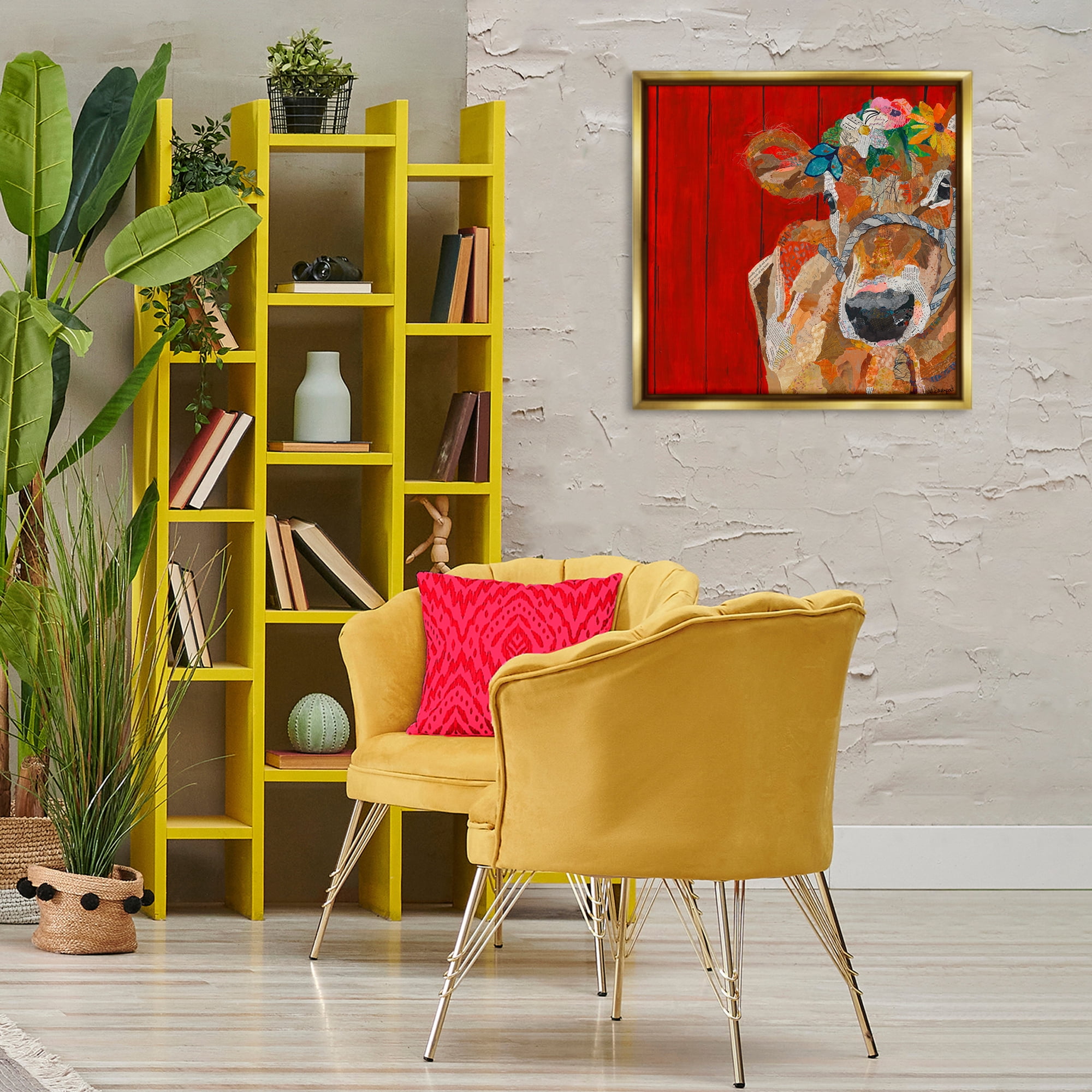 Stupell Industries Red Barn Cow Collage Animals Painting Gold Floater Framed Canvas Art Print Wall Art, 25 x 25