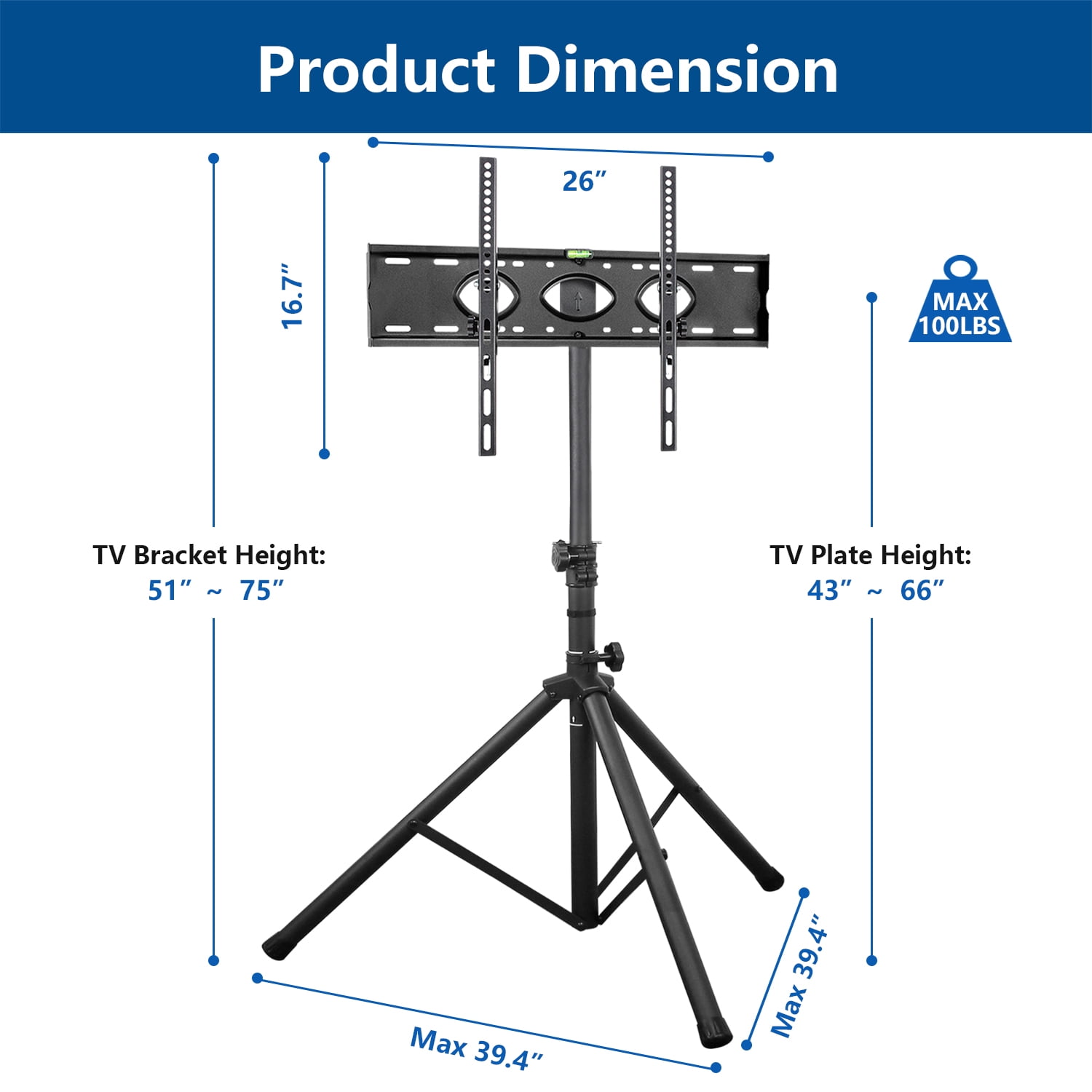 RTVR Portable TV Tripod Stand for 23-75 inch Flat Screens, Black TV Mount Stand for Outdoor Outside, 31.5 x 74.9 x 31.5"