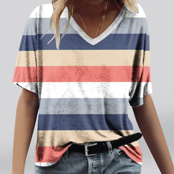 QUINDOS Beige Womens Plus T Shirts Short Sleeve Striped Summer Tops for Women Walk V-neck Tops