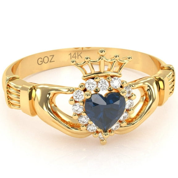 Claddagh Lab-Created Sapphire Diamond Ring In Solid 14k Yellow Gold
