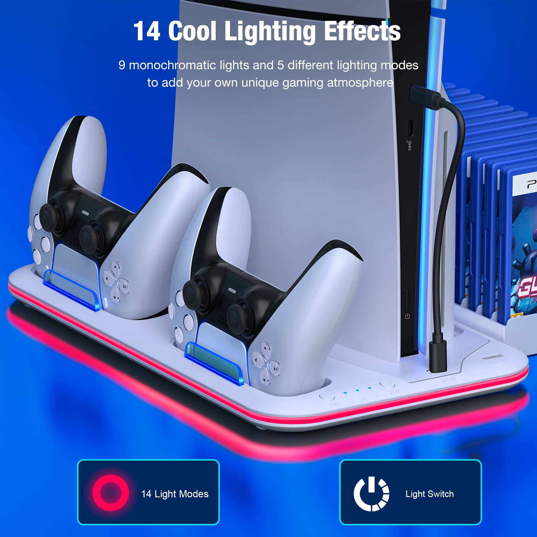 PS5 Stand with Cooling Station for PS5 Slim,QQV Dual Controller Charger for PS5 Digital & PS5 Disc Version,PS5 Accessories with RGB Light & Headset Holder