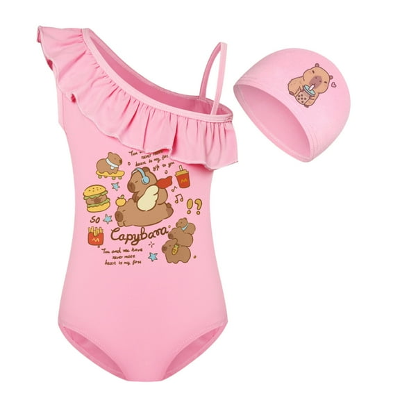 Copybara Girls' one-piece swimsuit with milk silk suspender, one-piece bikini and swim cap, suitable for children aged 3-10