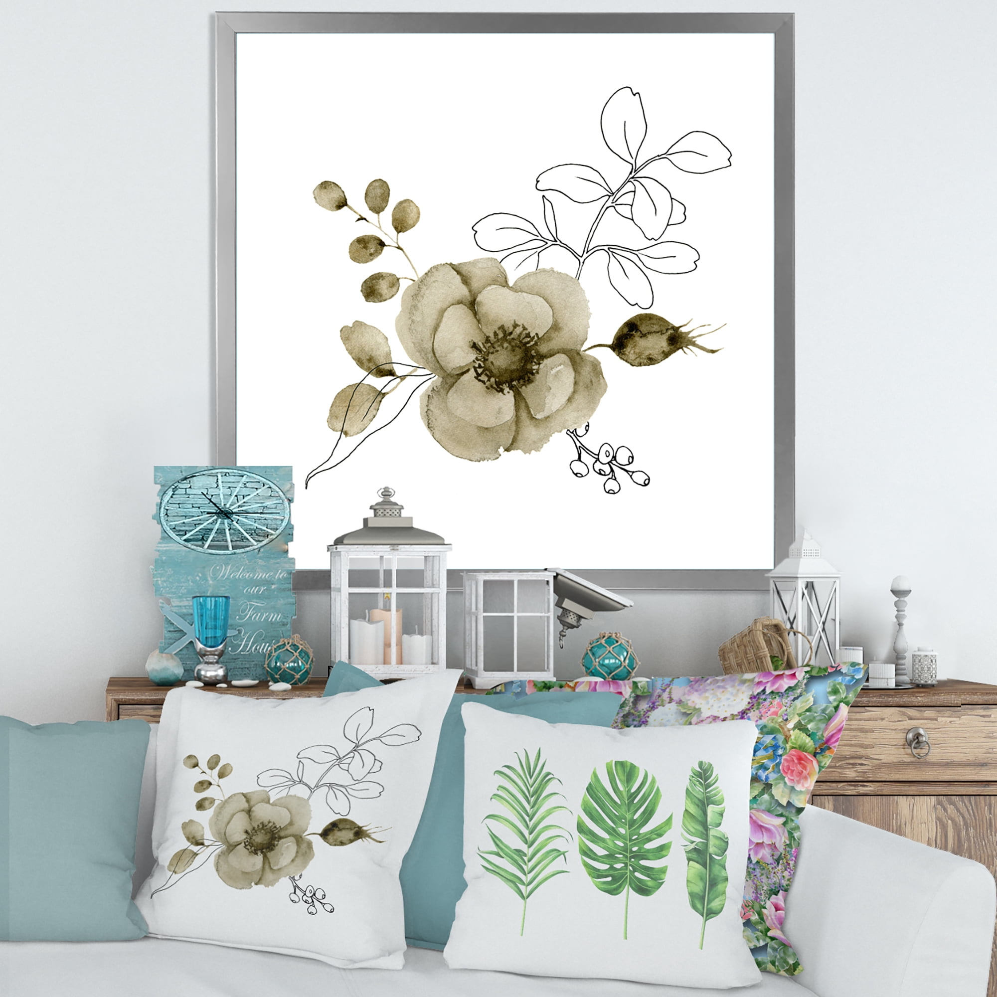 Designart 'Eucalyptus Branches With Anemone Bouquet Flower II' Traditional Framed Art Print