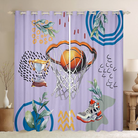 jejeloiu Baketabll Game Blackout Curtains Set of 2 (52x84 Each),Sport Trophy Window Curtains,Rustic Plants Leaves Curtains and Drapes For Boys Kids,Microfiber Bedroom Decor