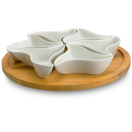 Lazy Susan Serving Set Elama Signature Modern 10.75 Inch 7pc Lazy Susan Appetizer and Condiment Server Set with 6 Unique Design Serving Dishes and a Bamboo Lazy Suzan Serving Tray ()