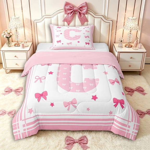 Manfei Kawaii Bow Letter C Monogrammed Twin Comforter Sets 3-Piece for Teens Female,Cute Bowtie Alphabet Bedding Set for Kids Girls,Pink Reversible,Ultra Soft Home Decor