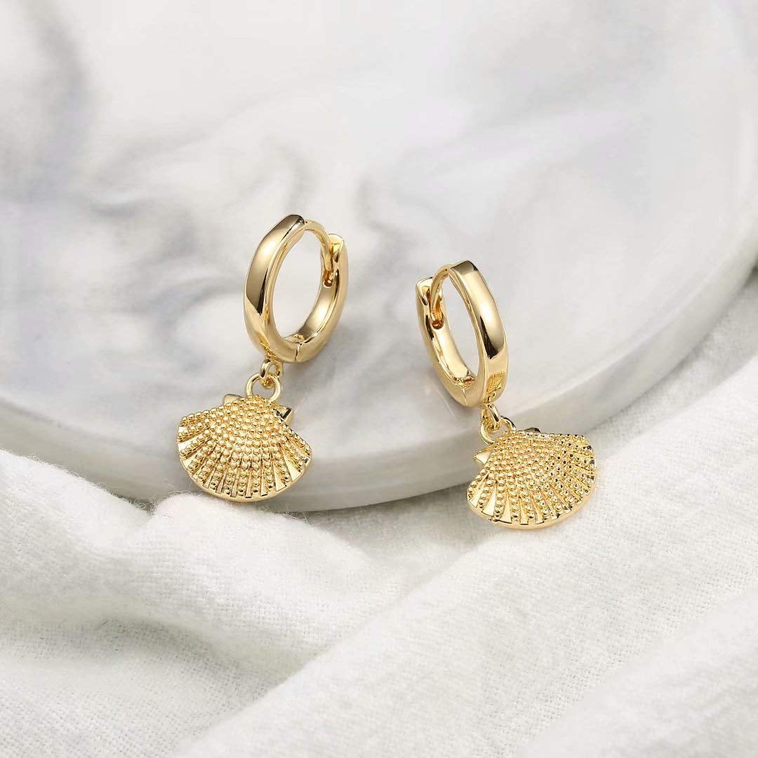 Turandoss Huggie Hoop Earrings for Women 14K Gold Plated Dainty Cubic Zirconia Sea Shell Charm Dangle Hypoallergenic Jewelry Mothers Day Birthday Gifts for Women Teen Girls