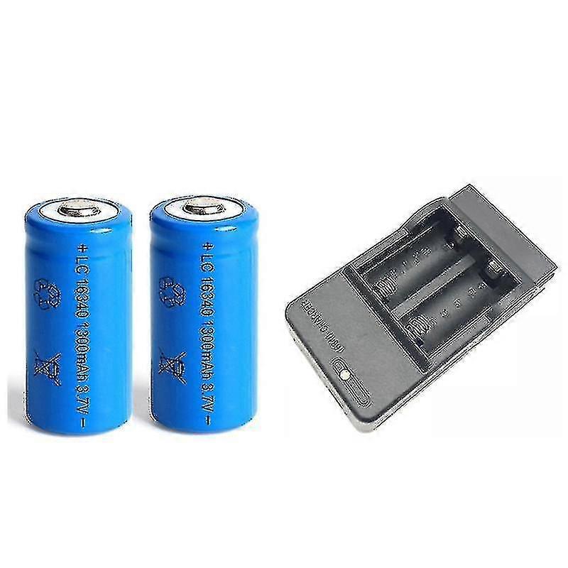 Lot De 2 Batteries 16340 Li-Ion 1300mAh + Chargeur USB - Rechargeables