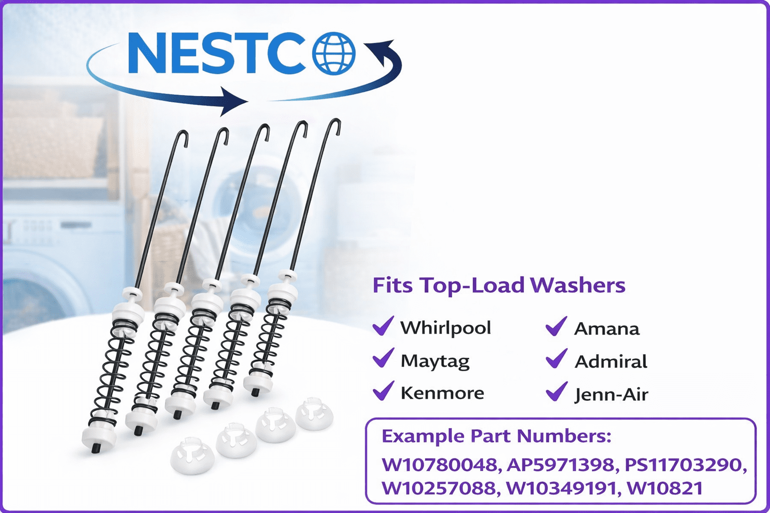 Washer Suspension Rod Kit W10780048 W10257088 W10349191  Replacement for Whirlpool, Maytag, Kenmore, Amana, Admiral – 4 Rods with Springs & Bushings