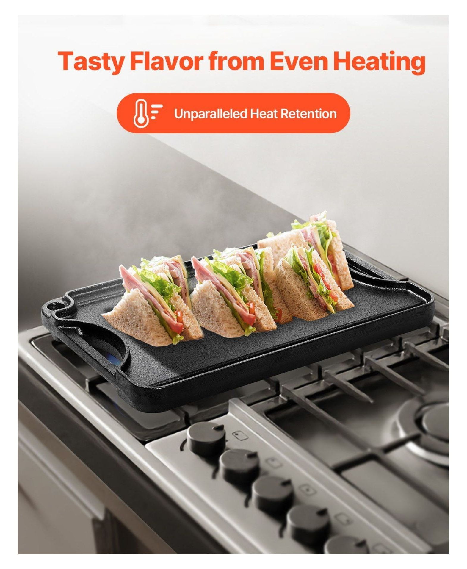 Cast Iron Grill Griddle Reversible 14x8.5 Inch - Pre-Seasoned BBQ Pan for Stovetop, Gas, Electric - Indoor & Outdoor Cooking