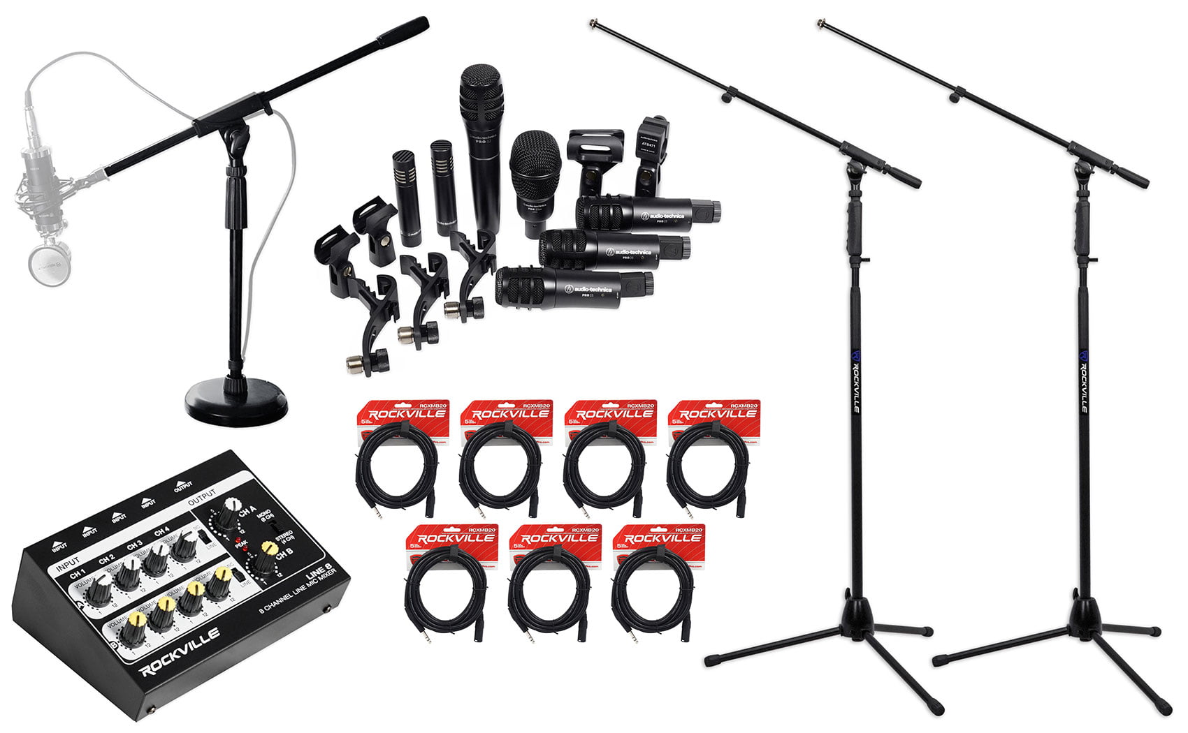 Audio Technica Pro Drum Microphone Kit 7 Mics+3 Stands+8-Channel Mixer+Cables 