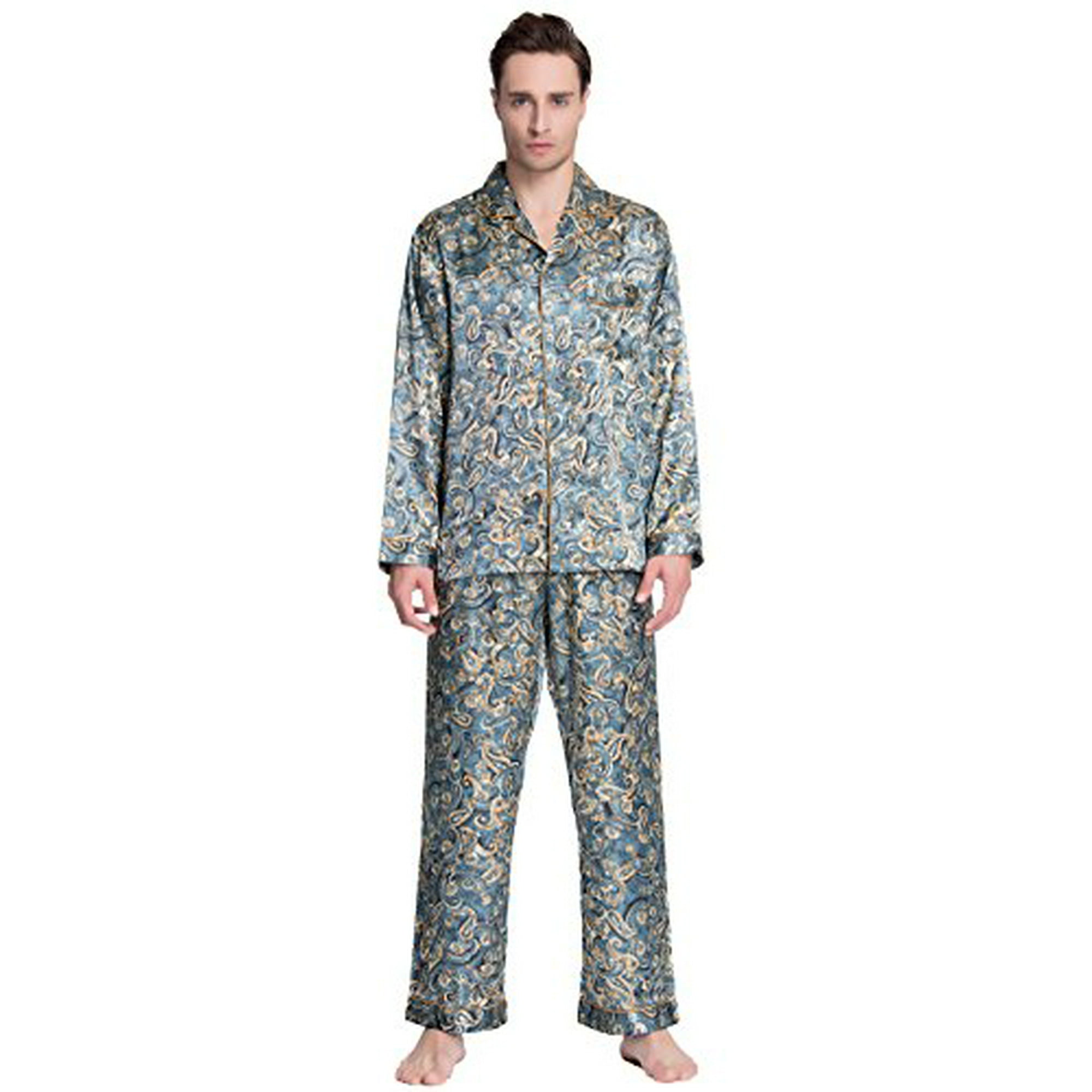 Men s Long Sleeve Silk Pajama Set Silky Pajamas sleepwear Large Navy Printed