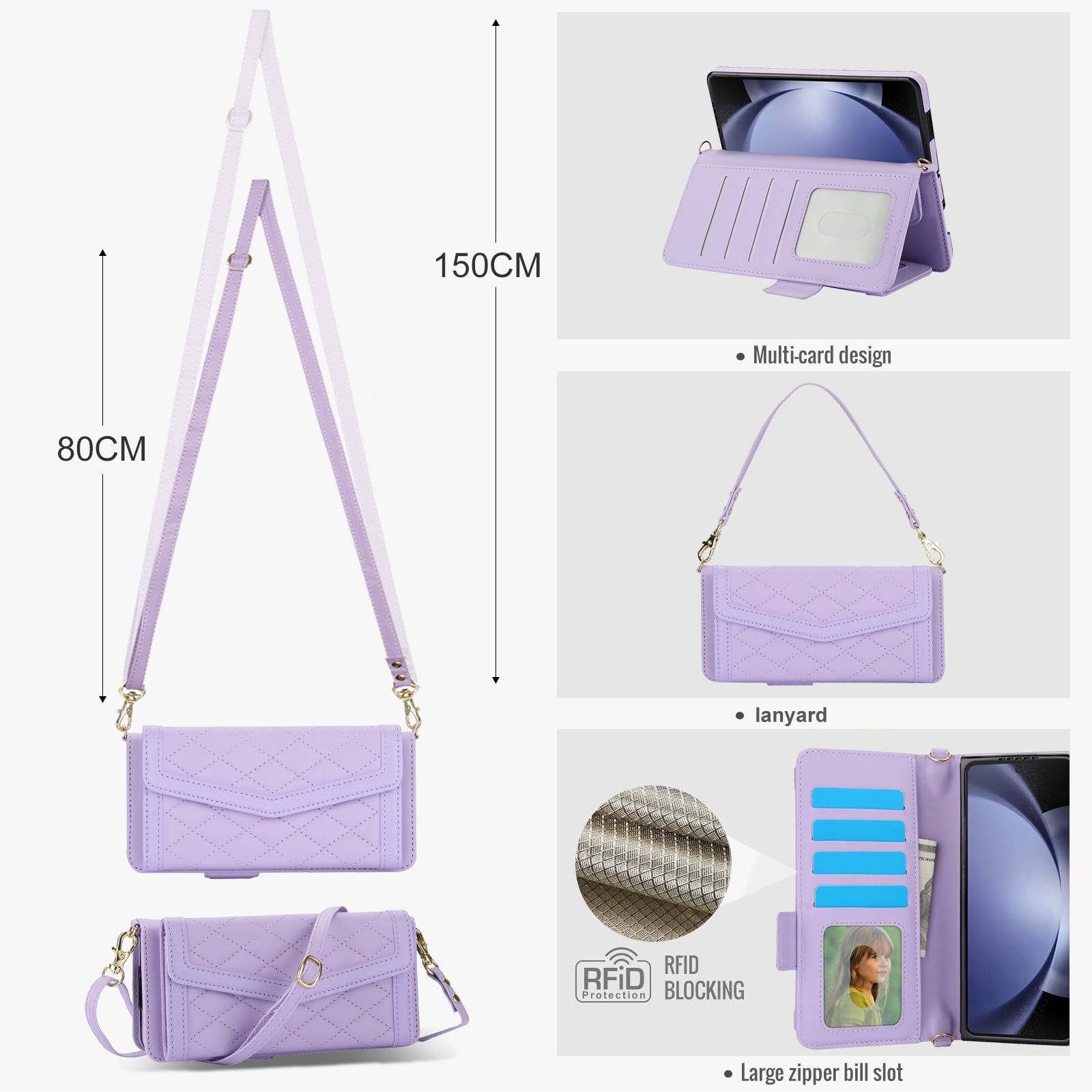 for Samsung Galaxy Z Fold 4 Case Wallet with S Pen Holder for Women, 12 Card Holder & 2 Cash Pocket & Shoulder Strap & Wristlet Flip Stand PU Leather Phone Case with RFID Blocking, Lightpurple