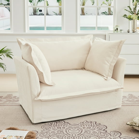 Deep Seat Sleeper Sofa Chair, Modern Sofa Armchair with Back Cushion, Chenille Comfy Single Sofa with Slip-cover and 2 Toss Pillows, Upholstered Cozy Couch for Living Room, Apartment, Beige