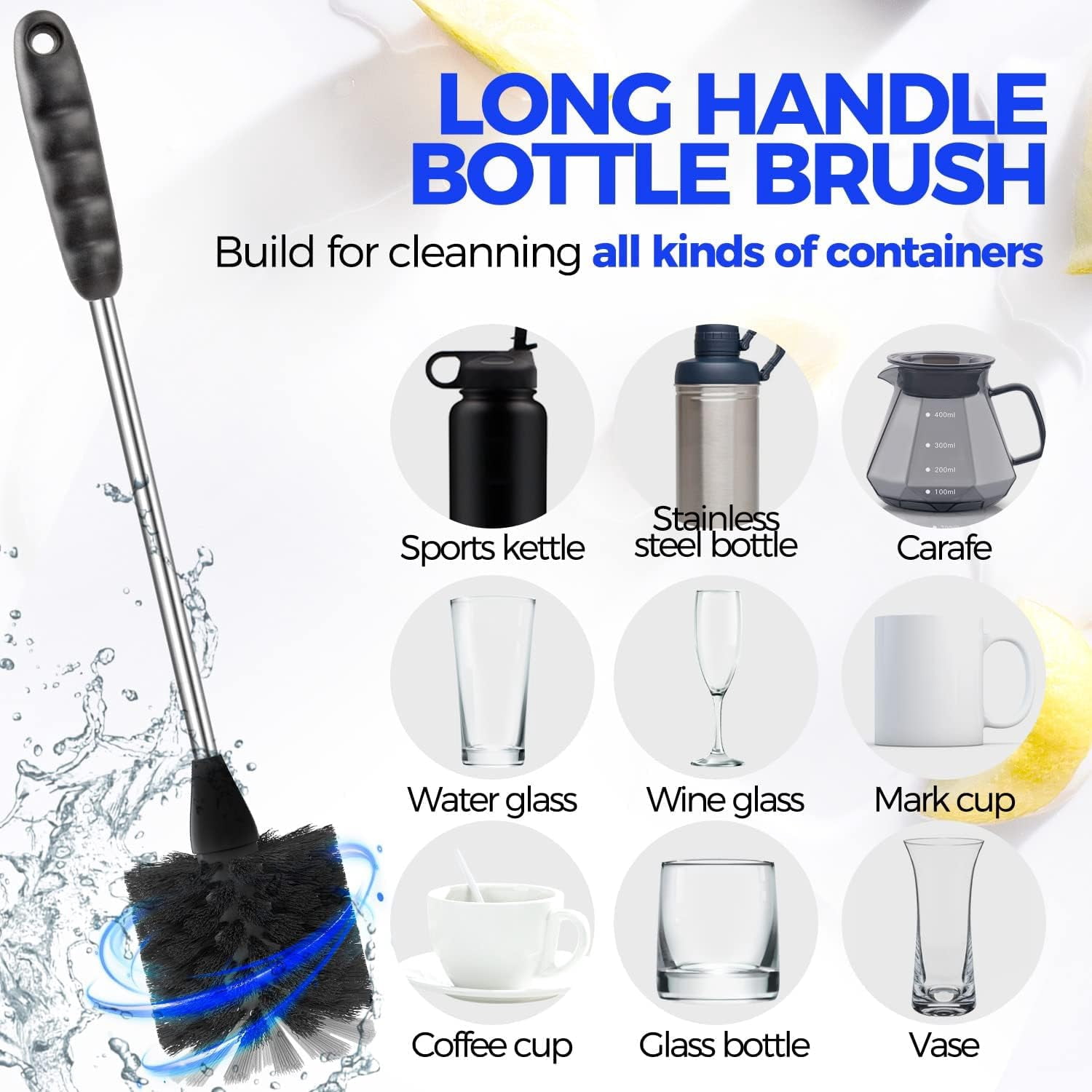 6 Pack Bottle Brush Set, 14" Long Handle Stainless Steel Bottle Cleaner Brush, 3 Straw Brushes, 3-in-1 Bottle Cleaning Brush for Water Bottle, Antistatic Lab Brushes, Straws Black