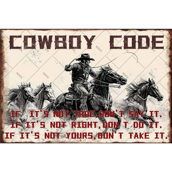Noete Cowboy Code Sign Retro Western Metal Tin Sign 12x16 Inch, Vintage Cowboy Code Sign for Garage, Man Cave, Bar & Home Decor, Durable Tinplate Poster