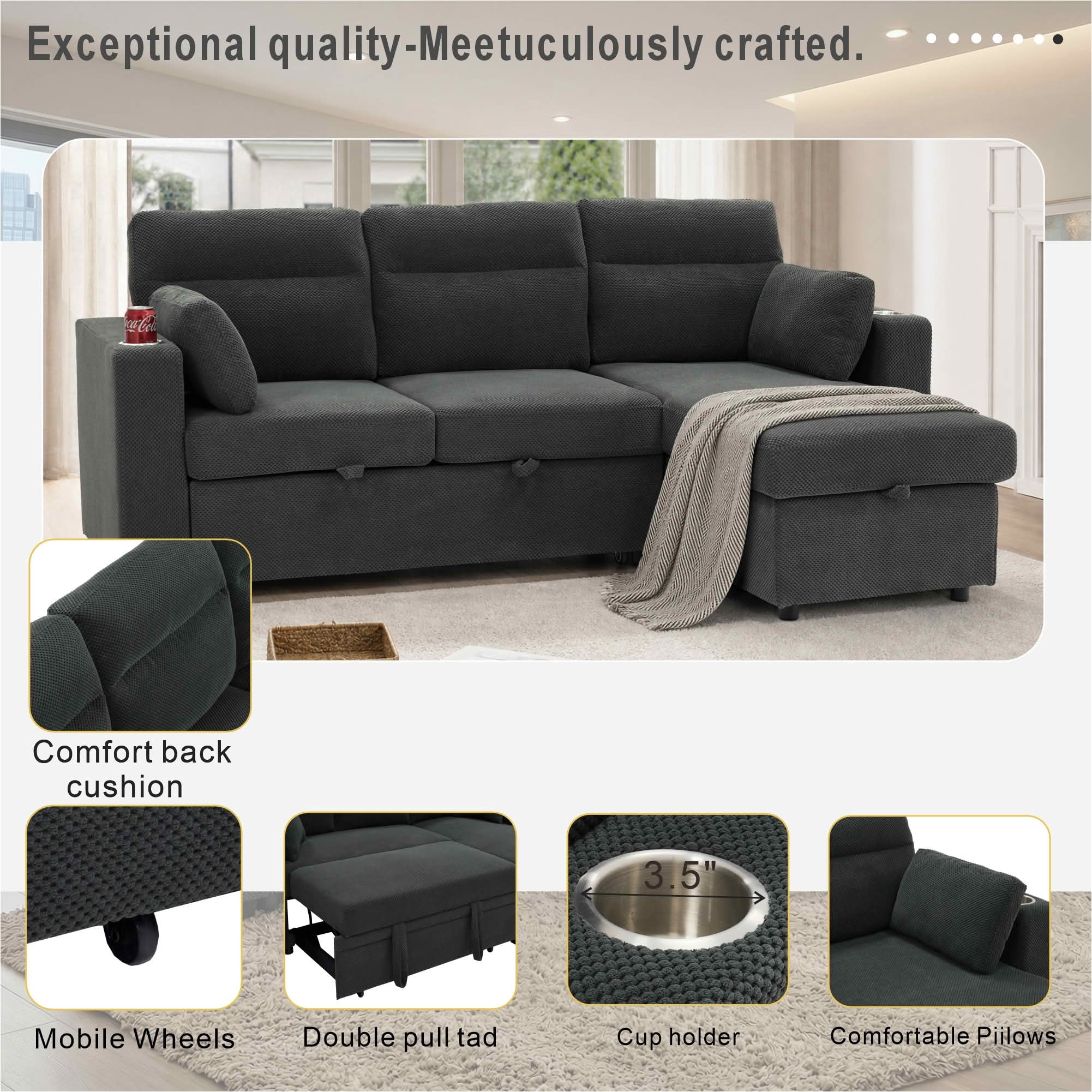 MAYEERTY 82.5 Inch L‑Shaped Pull‑Out Sectional Sofa Bed, Convertible Sleeper Couch with Storage Chaise, Cup Holders & 2 Pillows for Apartments