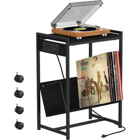 2-Tier End Table Record Player Stand with Charging Station and Vinyl Storage Shelf, Black