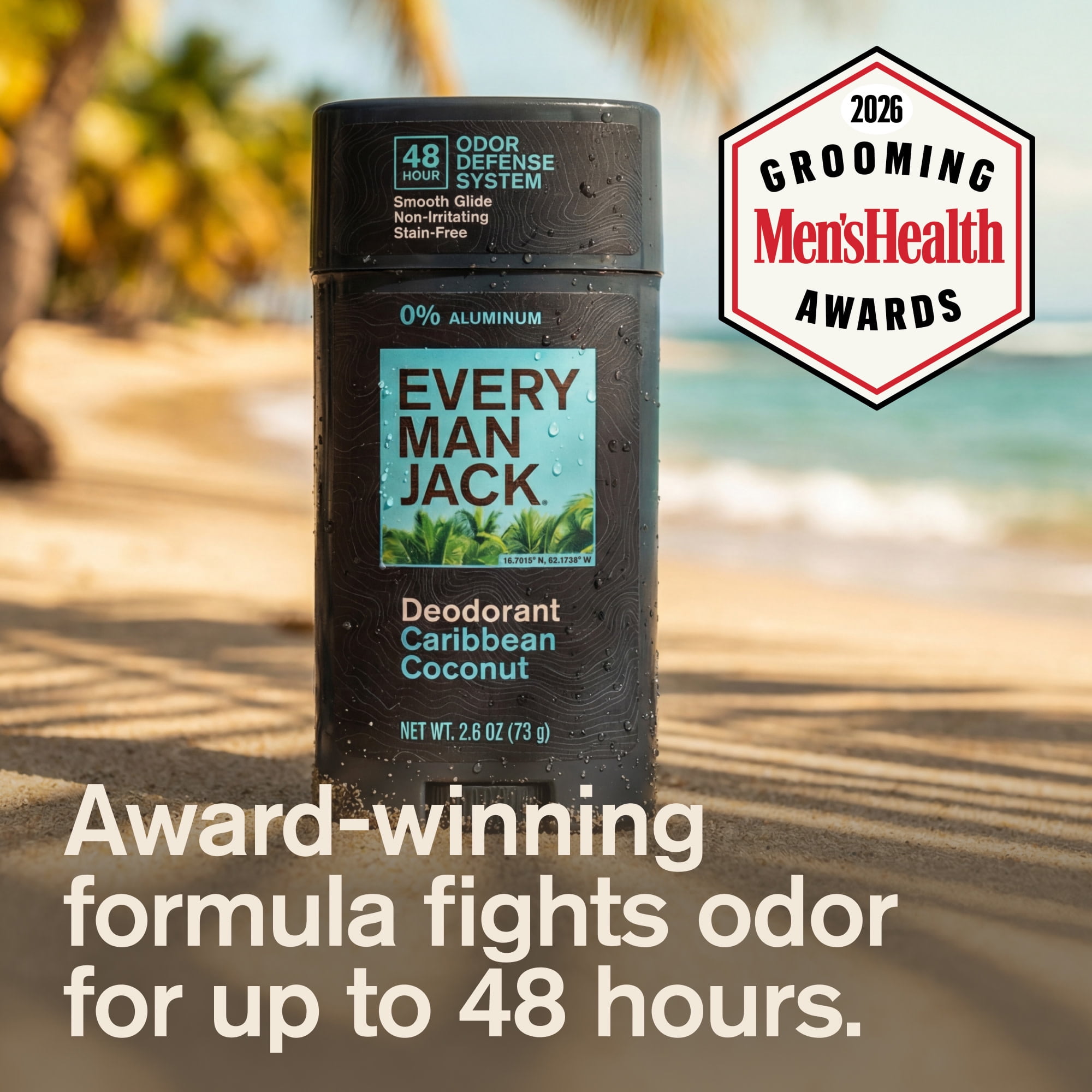 Every Man Jack Men's Deodorant - 48-Hour Odor Defense - Aluminum Free - Caribbean Coconut Scent - 2.6 oz