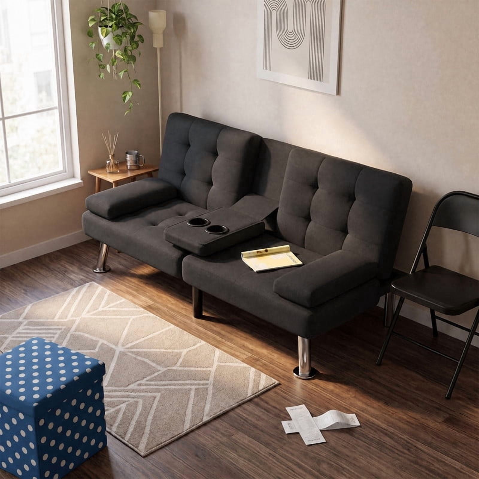 Lacoo 2-Pack Futon Sofa Bed, Linen Convertible Couch Sleeper Sofa, Cup Holders, Small Spaces,Black