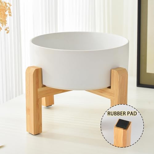 8'' Ceramic Raised Dog Bowl - 70Oz Dog Food & Water Bowl with Elevated Non-Slip Bamboo Stand, Dishwasher & Microwave Safe, Anti Vomiting Heavy Duty Pet Bowl for Medium and Large Dogs, White
