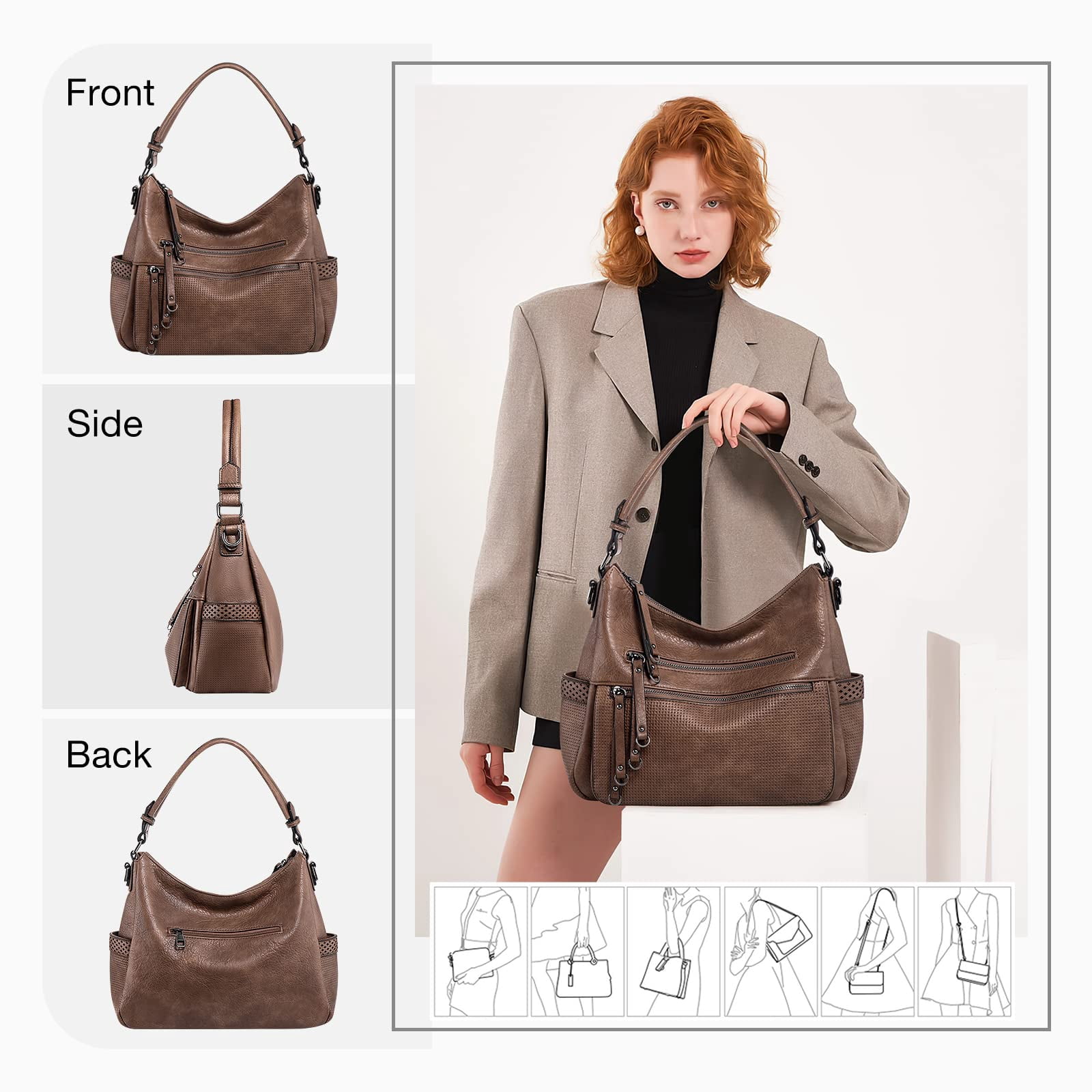 Capamaster Large Capacity Vintage Hobo Bag | Retro PU Leather 2-Way Shoulder Crossbody Purse for Women Mud Color