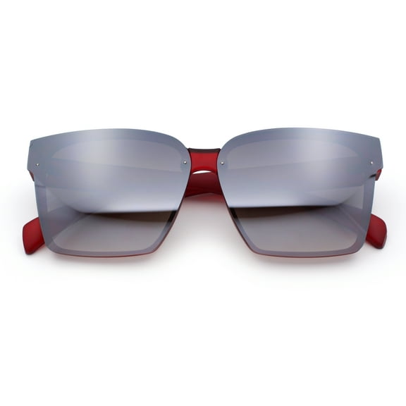 Retro Rimless Horn Rim Plastic Rectangular Classy Fashion Sunglasses Red - Silver Mirror