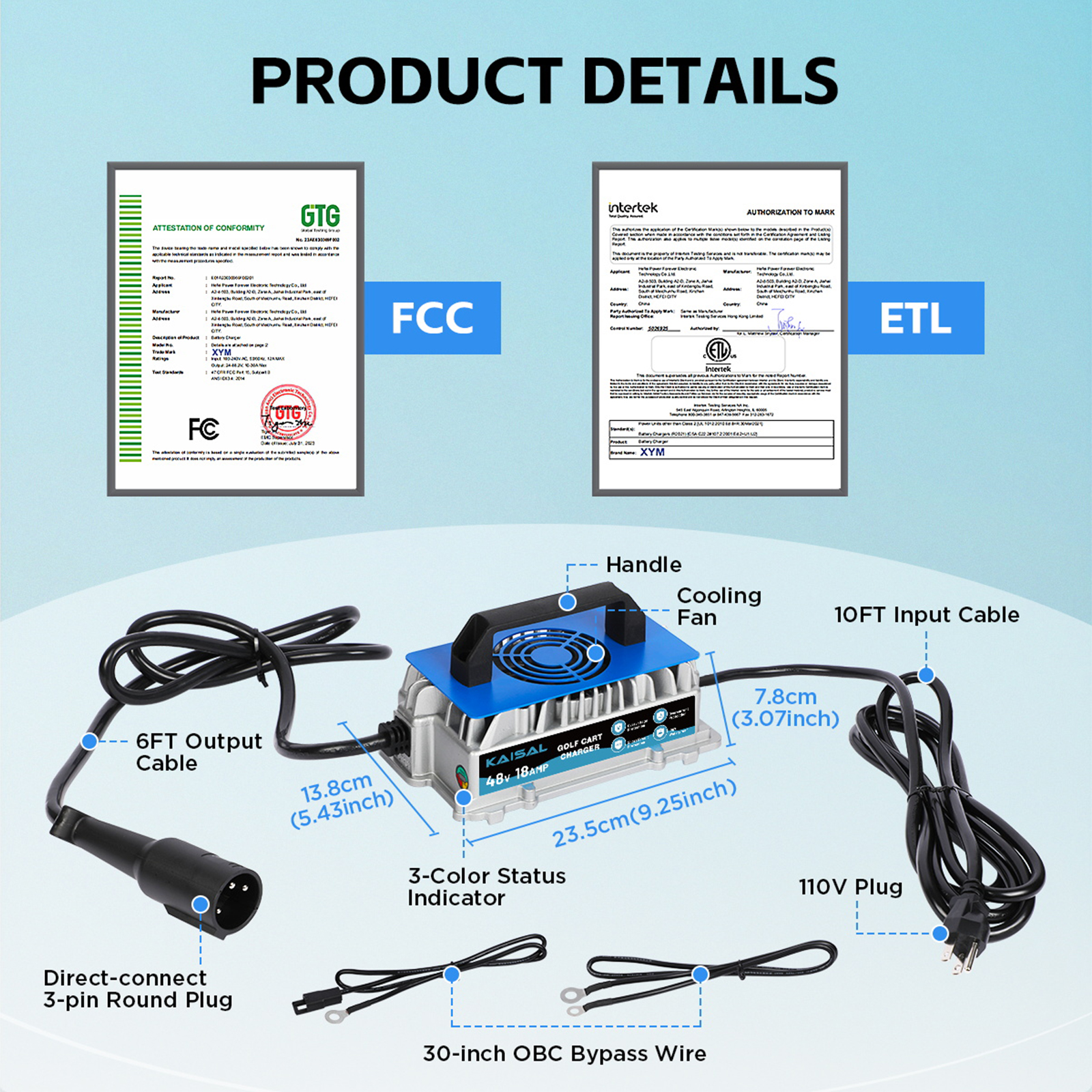DUOYI 48V 18A Smart Battery Charger, 1250W Fully Automatic Lead Acid Golf Cart Charger with Trickle Maintenance and IP67 Waterproof for Club Car