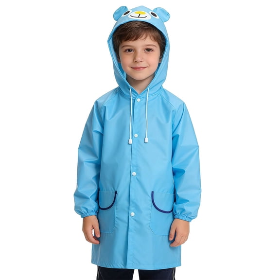 Kids Rain Jacket Bear Print Thickened Rain Poncho Hooded Outdoor School Daily Use for Girls Boys Sky Blue 3 Years-8 Years