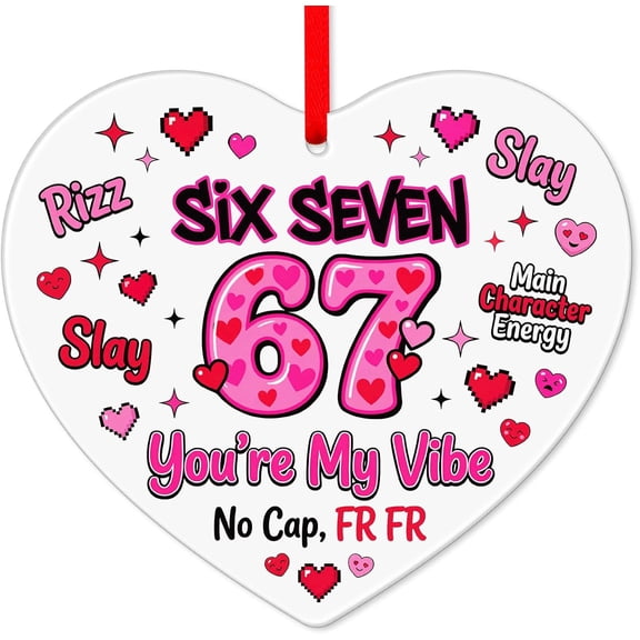 WaaHome 67 Valentines Day Gifts for Him Her - Funny Six Seven Meme 67 Valentines Heart Ornament for Tree, Pink Wedding Anniversary Birthday Trendy Gift Exchange Gag Gifts, 67 Gifts for Gen Z Couple