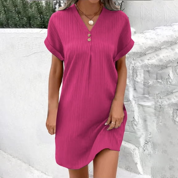 Titcea Casual Dresses for Women Knee Length Solid Color Button Down V Neck Short Sleeve Midi Dresses with Pockets