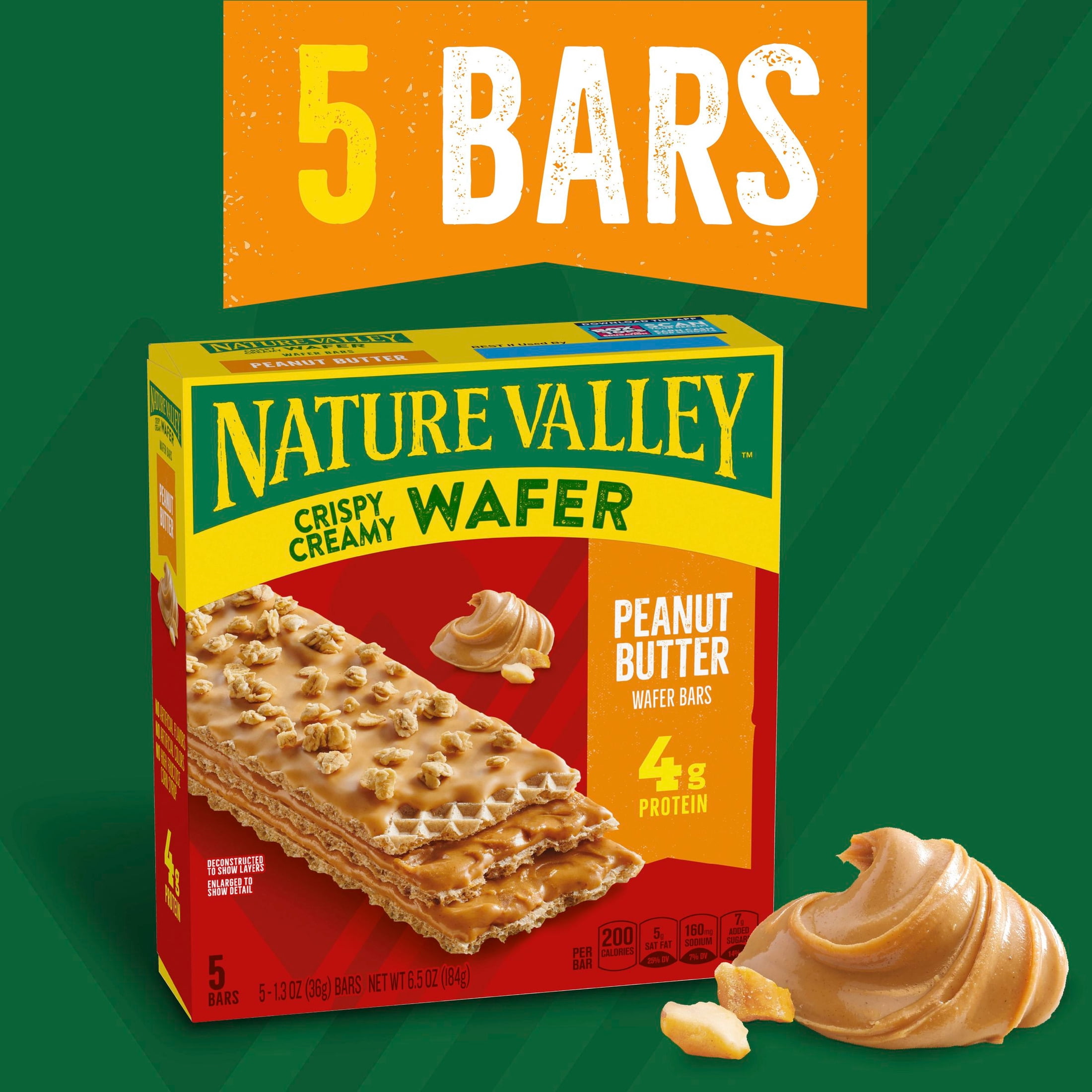 (2 pack) Nature Valley Crispy Creamy Wafer Bars, Peanut Butter, 4g Protein, 5 Bars, 6.5 oz