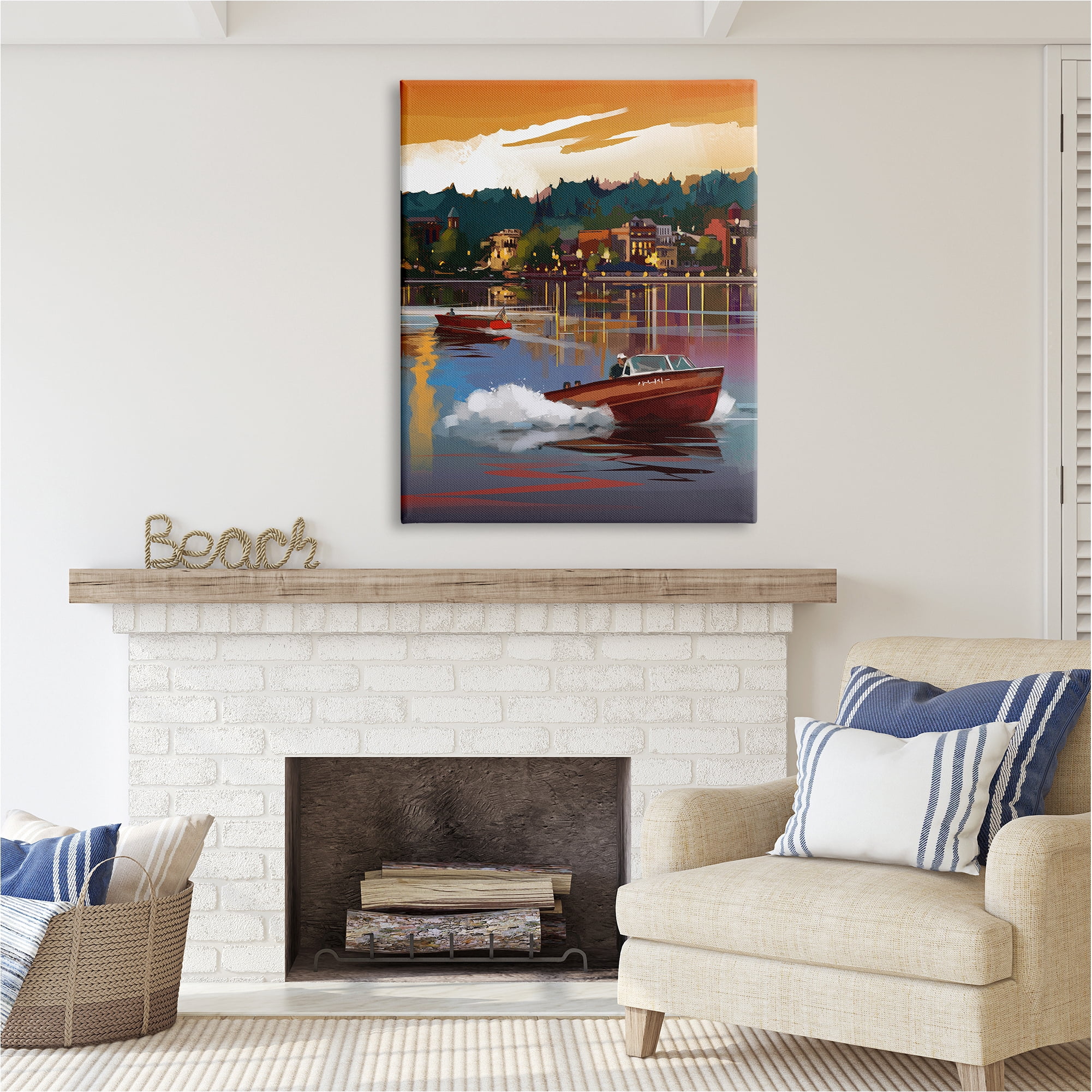 Stupell Industries Boats at Sunset Pier Transportation Painting Gallery Wrapped Canvas Art Print Wall Art, 36 x 48