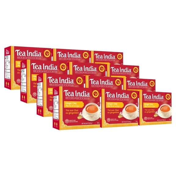 Tea India Ginger Chai Black Tea with Real Ginger Flavorful Blend Of Premium Black Tea, Ginger & Natural Ingredients Traditional Indian Caffeinated Tea 80 Round Tea Bags Pack of 12