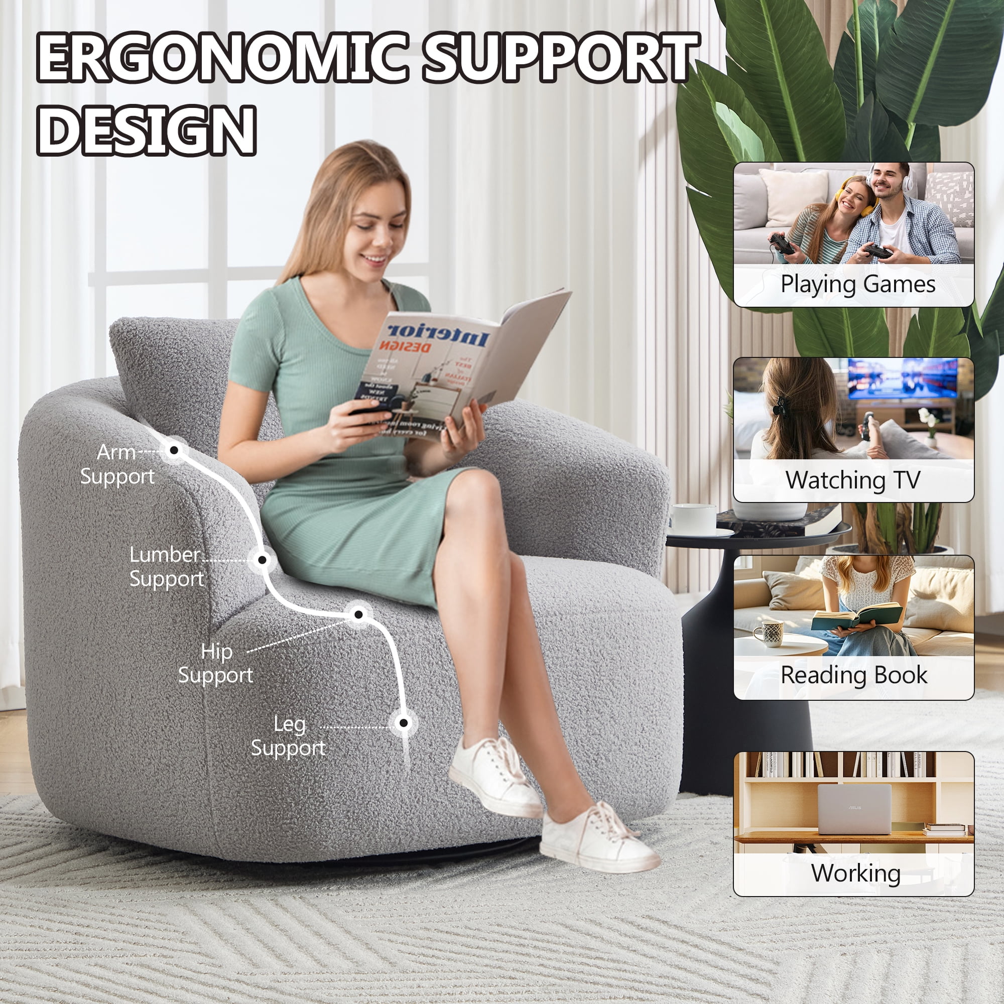Swivel Accent Chair,360° Round Upholstered Armchair with One Soft Pillow,Teddy Fleece High-Resilience Sponge Single Sofa for Living Room, Bedroom, Apartment,No Assembly,Light Gray