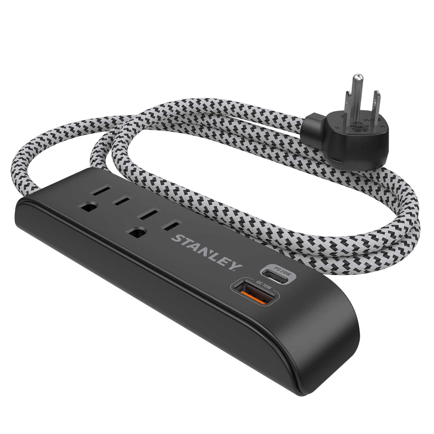 STANLEY 2-AC Outlet 2-USB Port 300-Joules SurgeMax Surge Protector Power Strip with PD, 6-Ft. Fabric-Braided Cord with Low-Profile Plug, Black, 33255