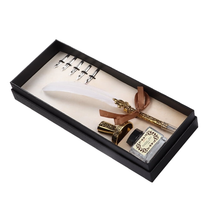 Feather Pen Set Craft Retro Carved Stainless Steel Writing Suit with Complete Accessories and Scientific Grip Design for Gothic and Italian Calligraphy Practice