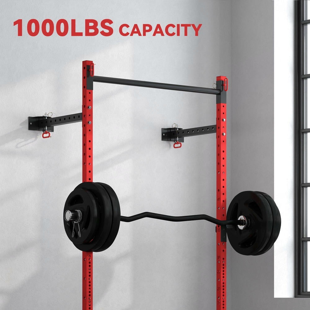 Barara King Barbell Rack with Pull Up Bar, Wall Mounted and Adjustable, Squat Rack Barbell Bench Press with 1000 Pounds Capacity, Red