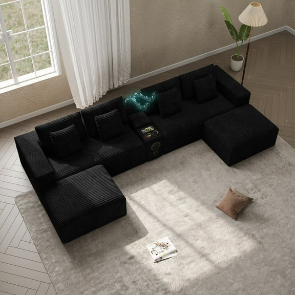Wiilayok 151" U-Shaped Sofa with Multi-functional Console (including Bluetooth Speaker, Charging, Storage, etc.), Two Movable Ottoman, Comfortable Corduroy Fabric, Suitable for Living Room, Black