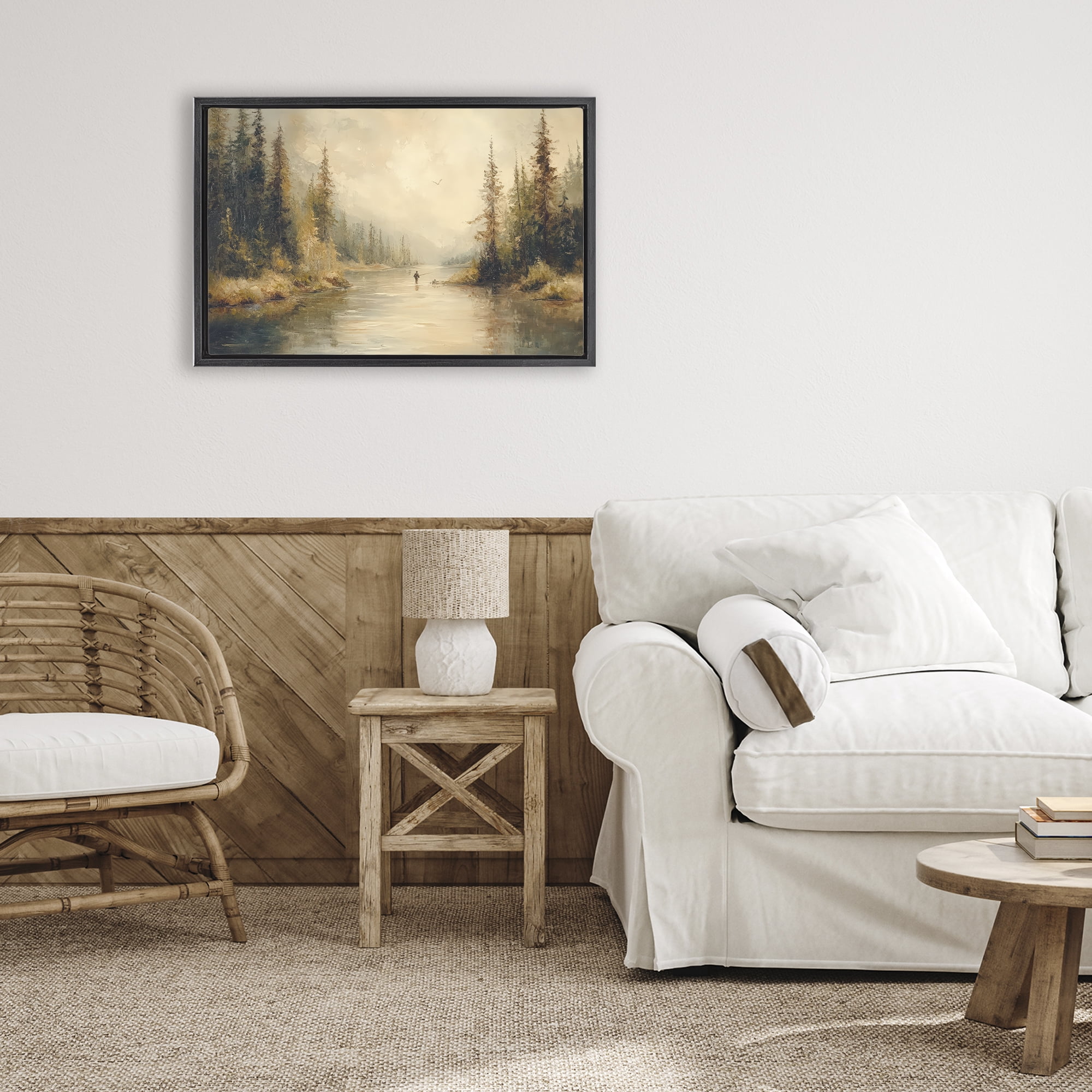 Stupell Industries Fly Fisher at Misty River Black Framed Floater Canvas Wall Art, design by Petal Prints Design