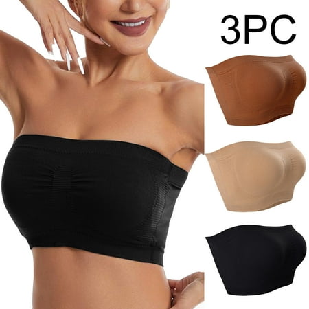 Saving Deals 2024! Xysaqa 3 Pack Strapless Bra Womens Seamless Bandeau Crop Tube Top Wireless Bra Comfy Stretchy Strapless Padded Bralette Bras for Women XL