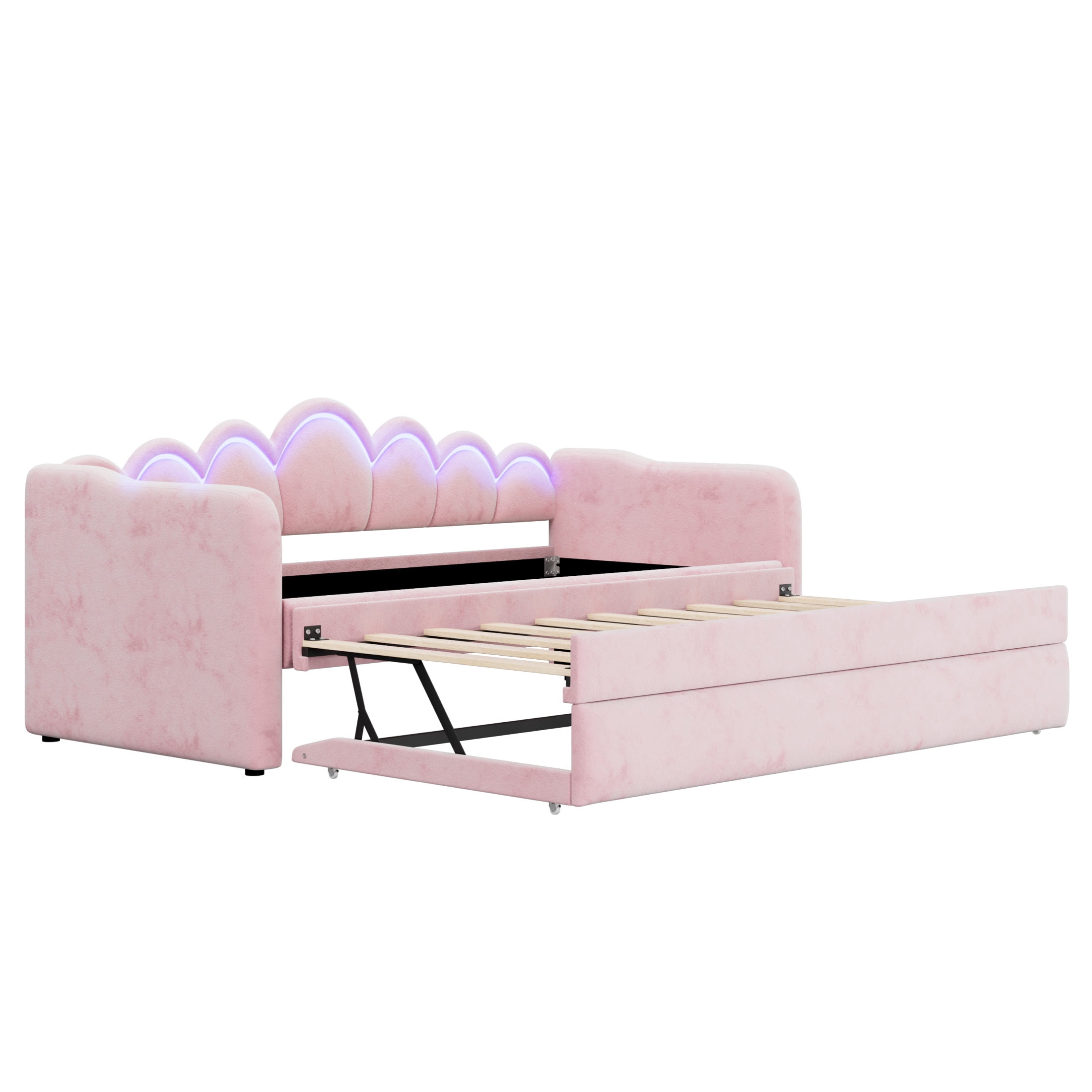 Noble House Twin XL Upholstered Velvet Daybed with LED Light and Pop-Up Height Trundle, Space Saving Design, Pink