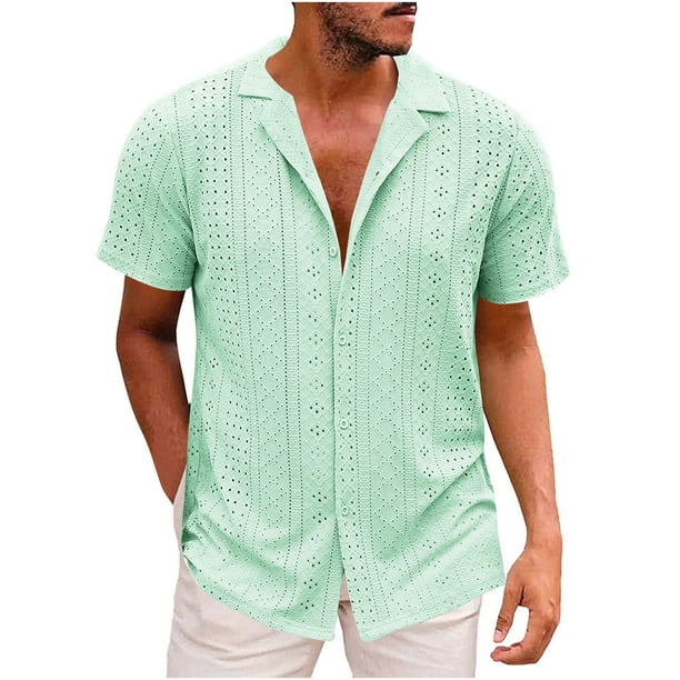 Camisa Elvqul de Hombre Mayor Verde de Menta Manga Corta Elástica Estampilla con Solapa Botones